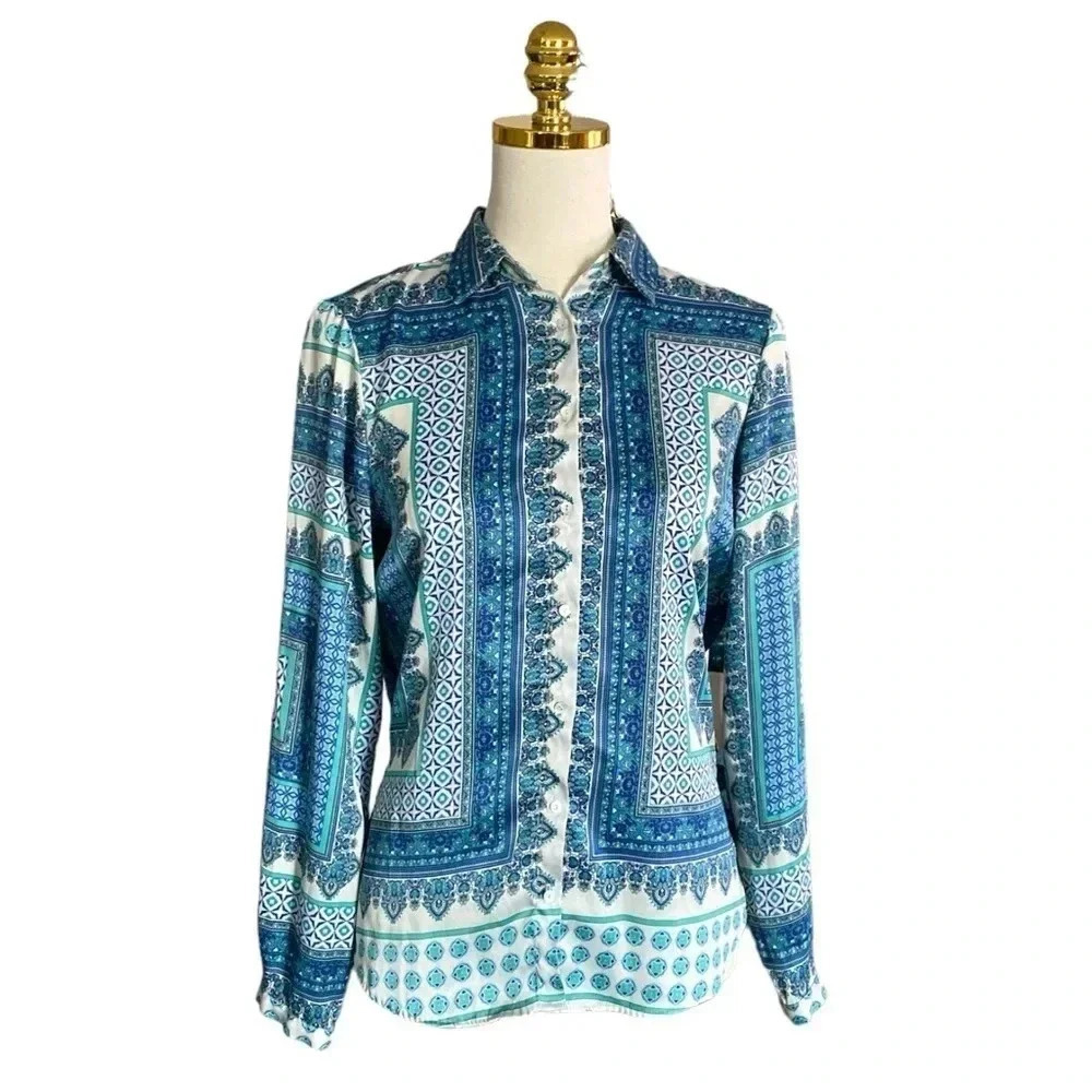 ZARA | Women Blue/Green/White Retro Print Long Sleeve Button Up Blouse Size M